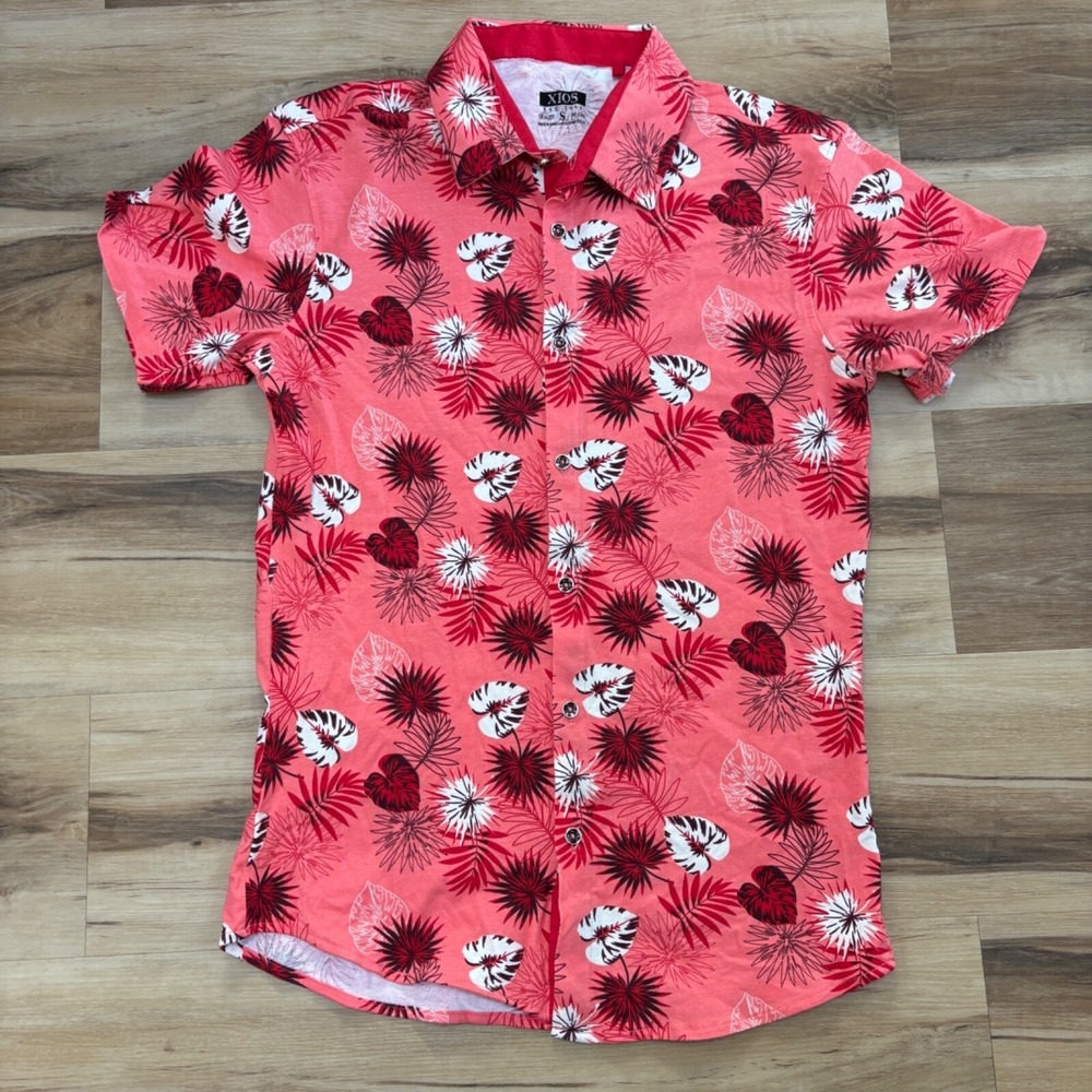XIOS Button Down Shirt Mens Small Tropical Floral Cotton Stretch Coral Summer S